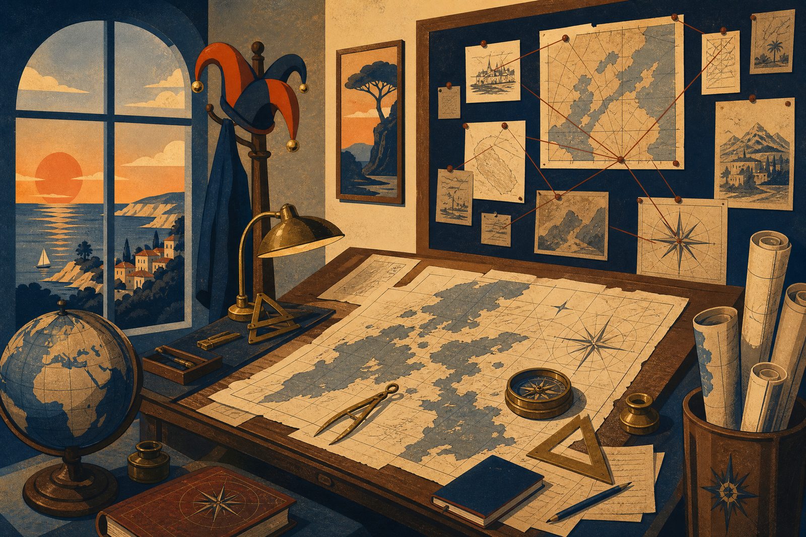 The Jester's Atlas cartography desk covered in maps, with a jester cap on the coat stand