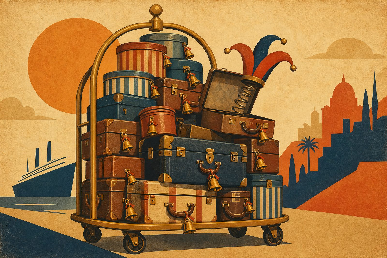 Baggage of Bells game cover: a luggage trolley stacked with cases, a jester cap springing from one