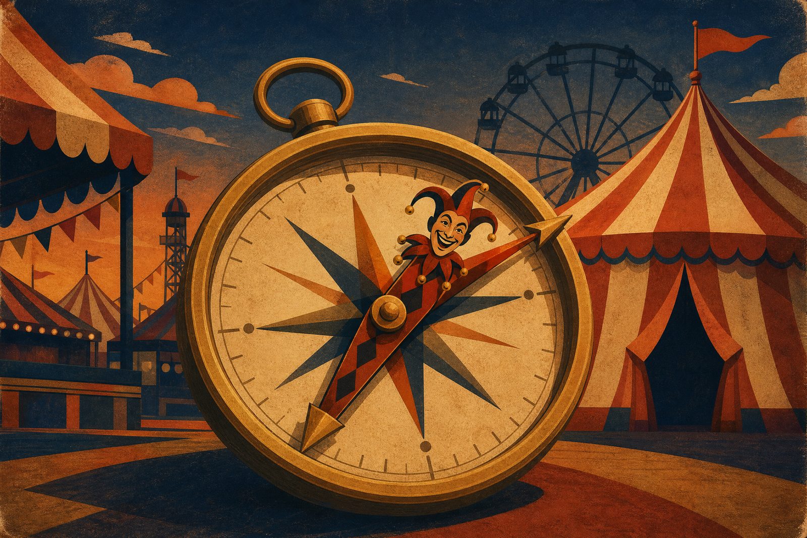 Carnival Compass game cover: a brass compass with a jester needle at a fairground