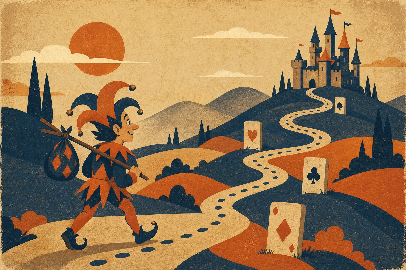 Jester's Journey game cover: a jester walking a winding path toward a castle