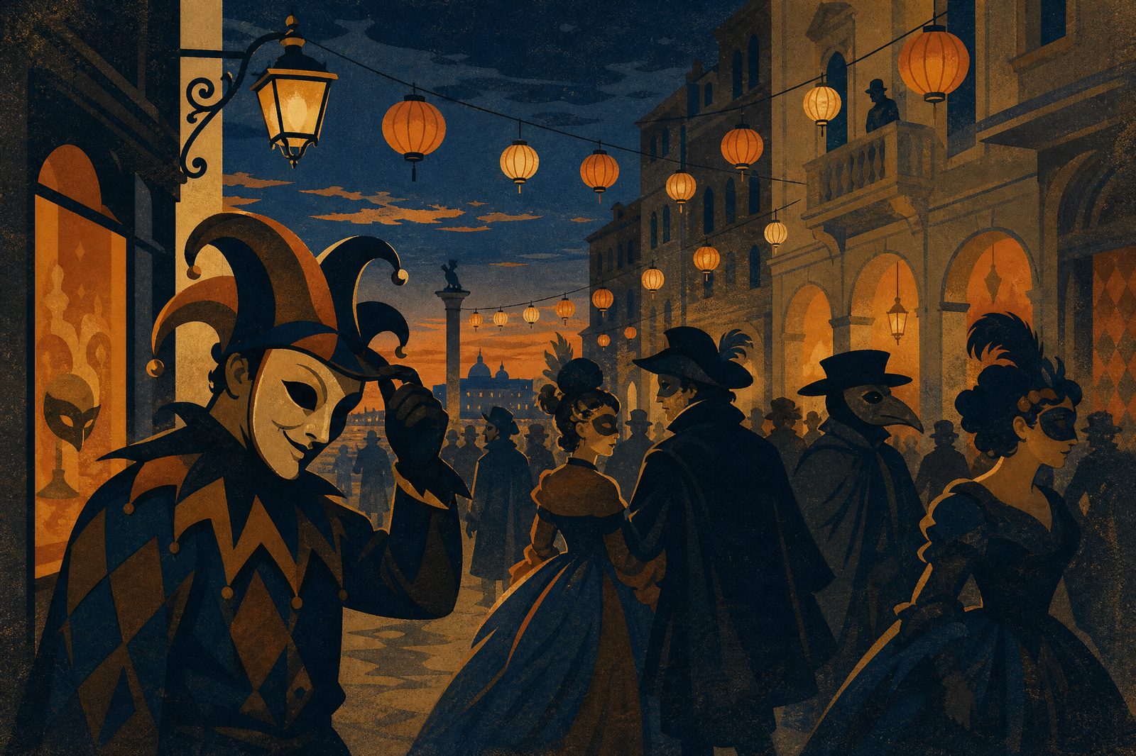 Masquerade Mile game cover: a lantern-lit evening parade of masked figures
