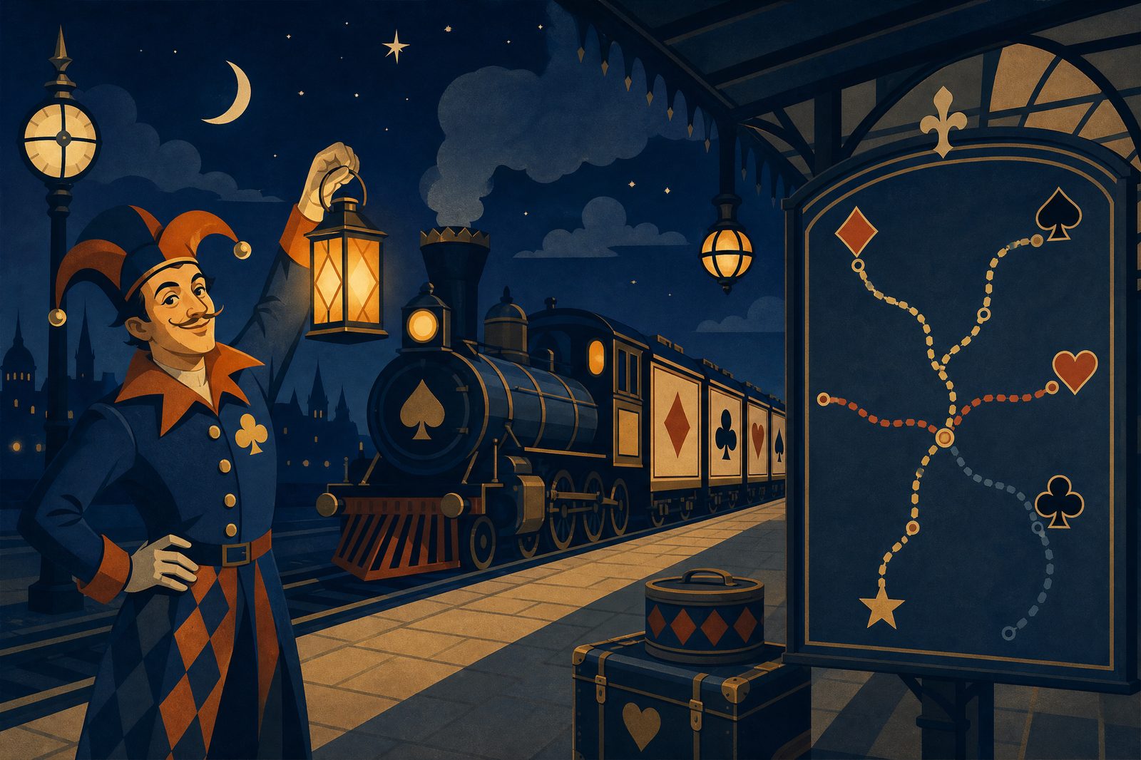 Wildcard Waypoints game cover: a conductor jester with a lantern on a night railway platform